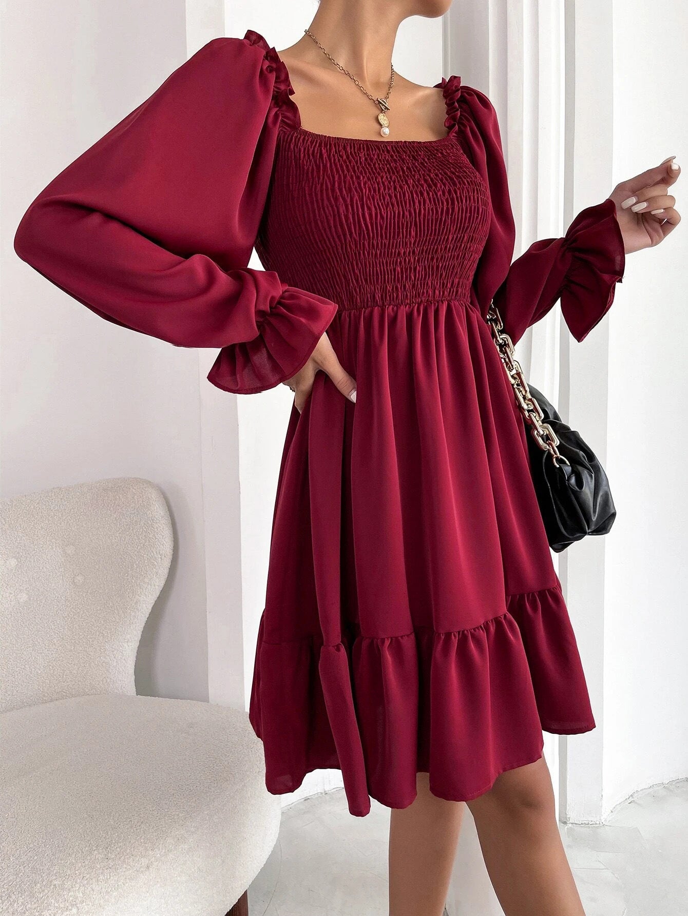 Elegant Square Neckline Long Sleeves Short Dresses