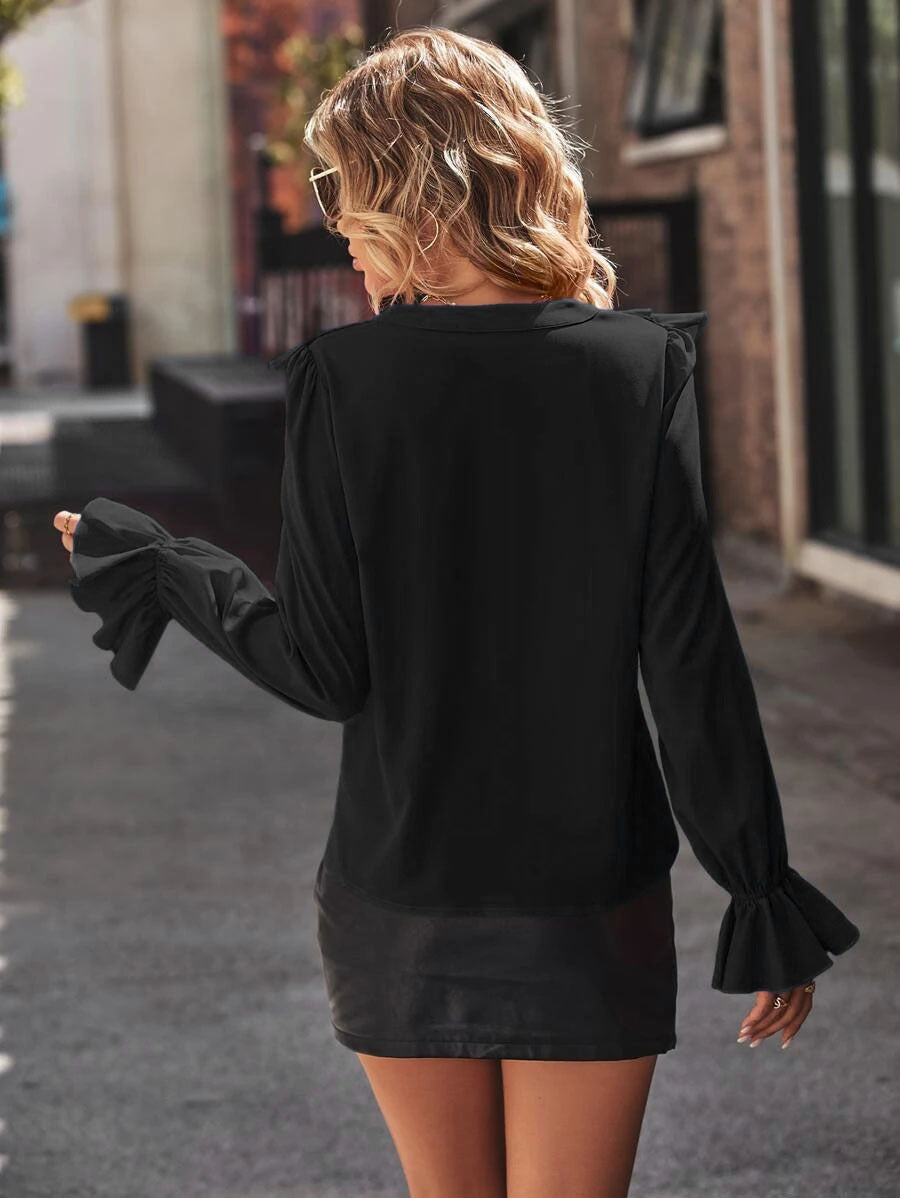 Elegant V Neck Ruffled Long Sleeves Shirts