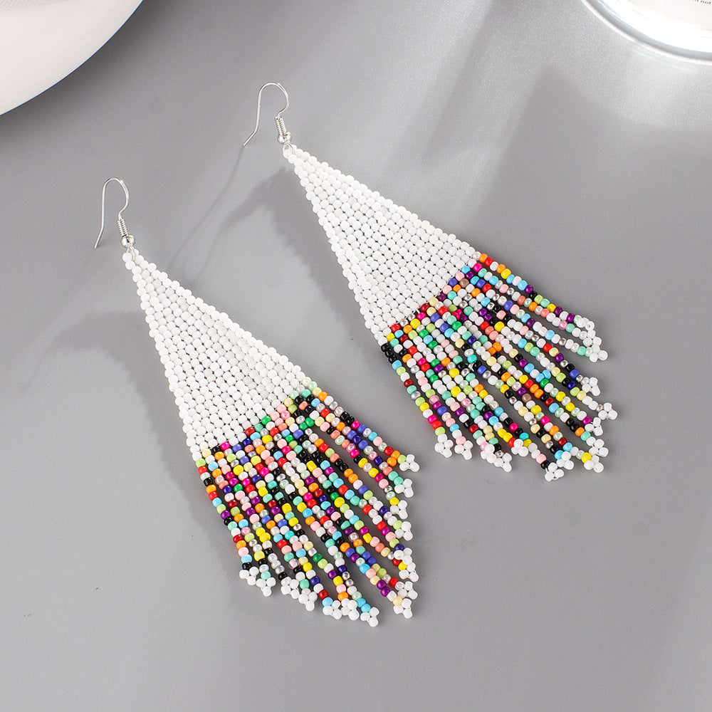 Ethnic Colored Rice Bead Earrings Femininity Bohemian Hand-woven Long Fringed Earrings