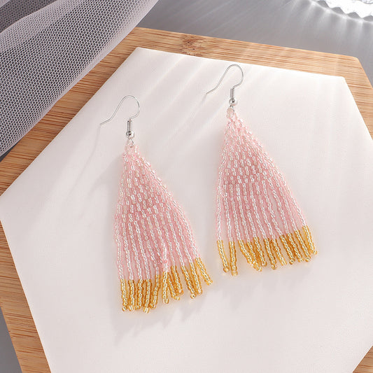 Original Ins Ethnic Handmade Fringed Earrings Bohemian Colored Rice Bead Earrings, Earrings for Women