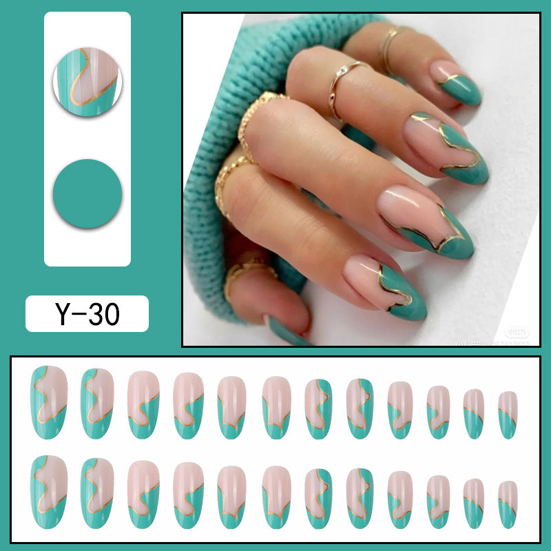 Fashion Mint Green Golden Wavy Line False Nails