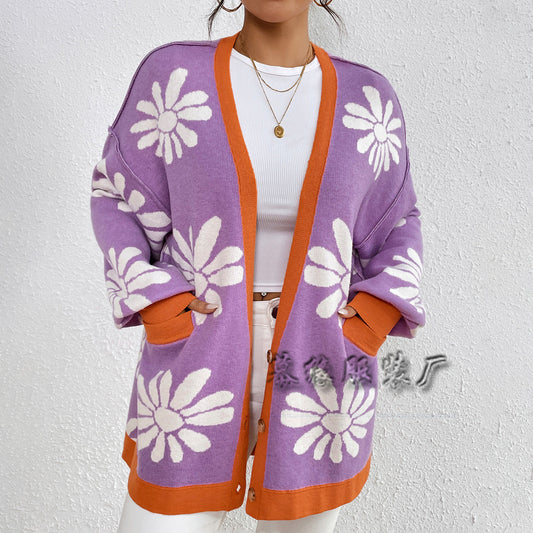 Casual Floral Print Knitted Cardigan Coats