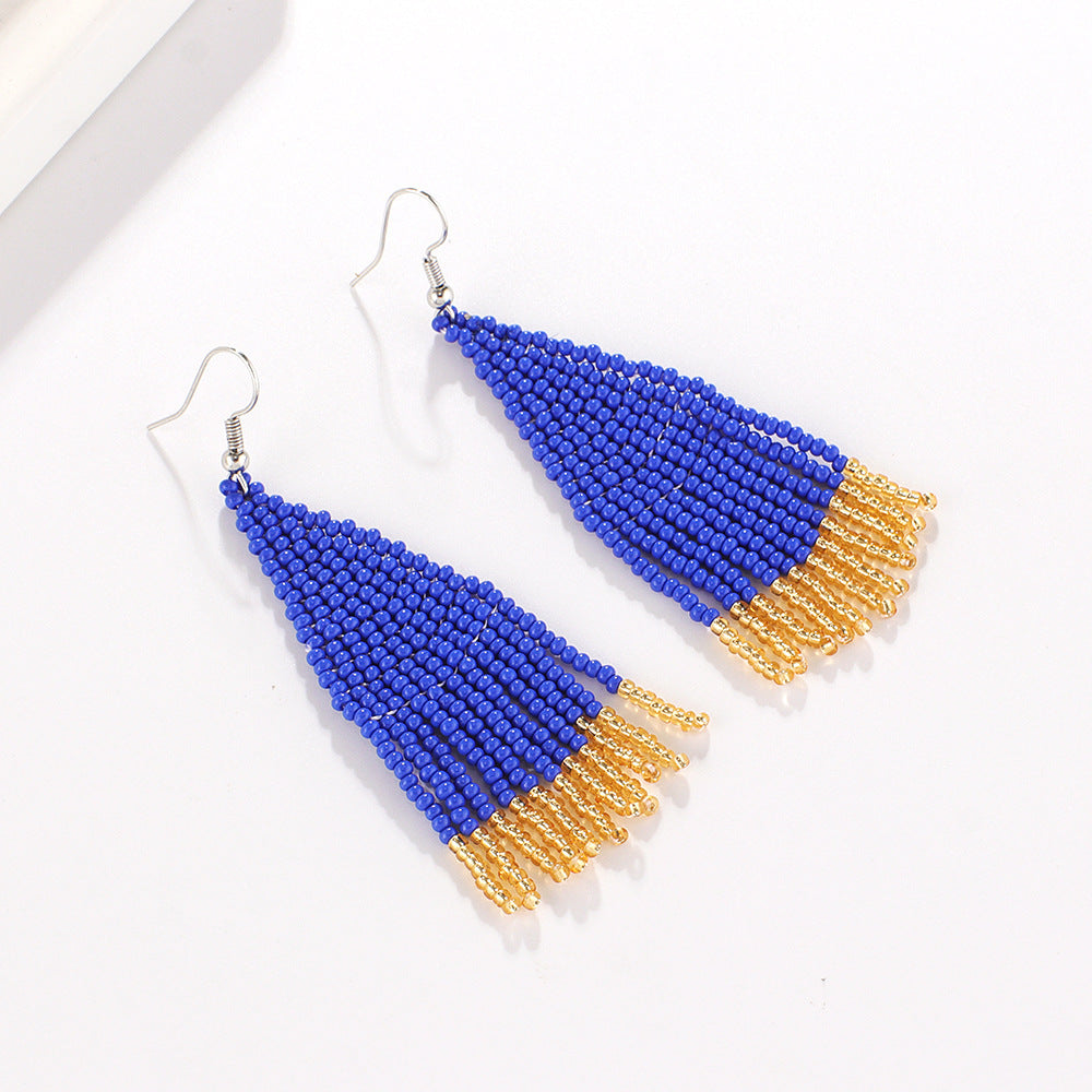 Original Ins Ethnic Handmade Fringed Earrings Bohemian Colored Rice Bead Earrings, Earrings for Women