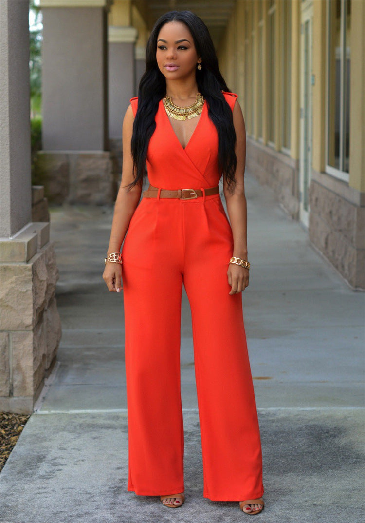 Fashion V Neck High Waist Irregular Wide Legs Jumpsuits