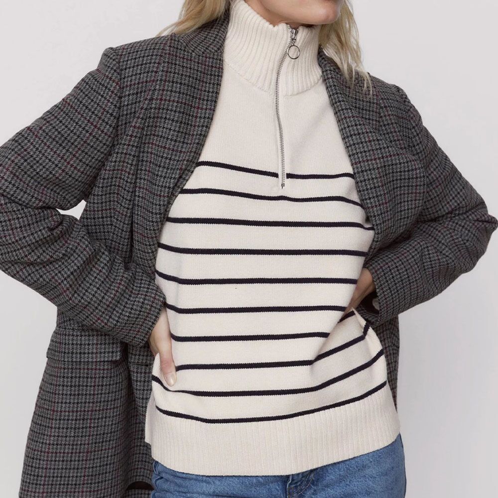 Fashion Striped Zipper High Neck Knitted Sweaters