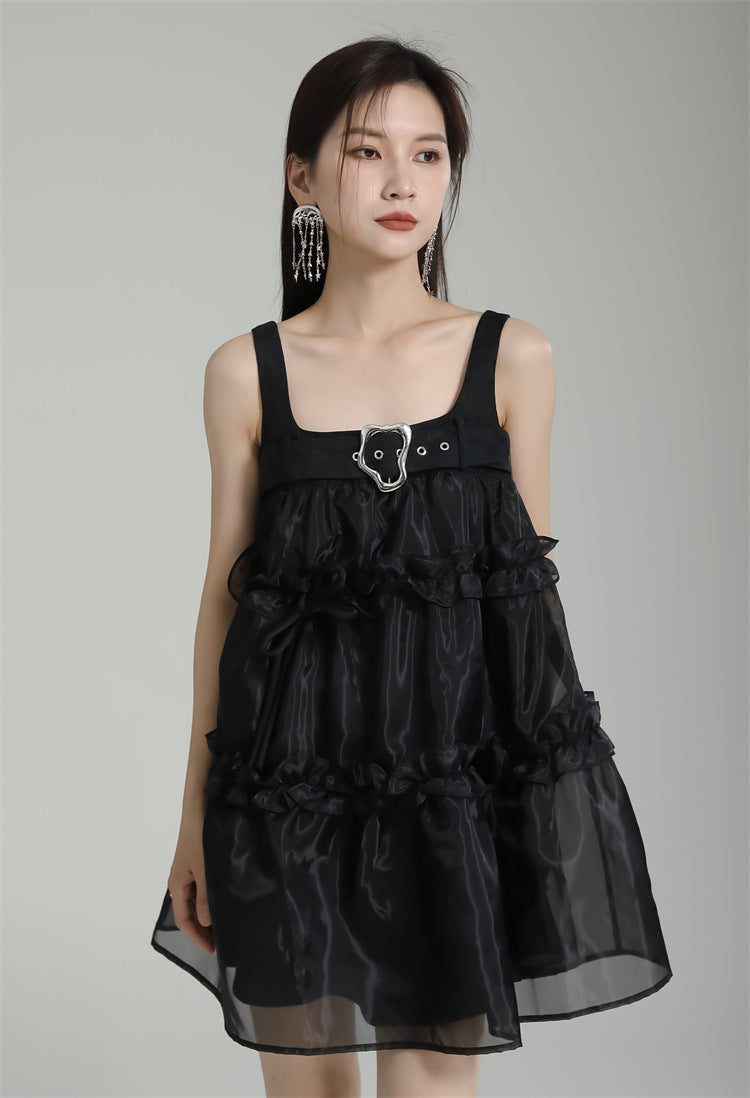 Designed Spaghetti Straps Black Short Dresses