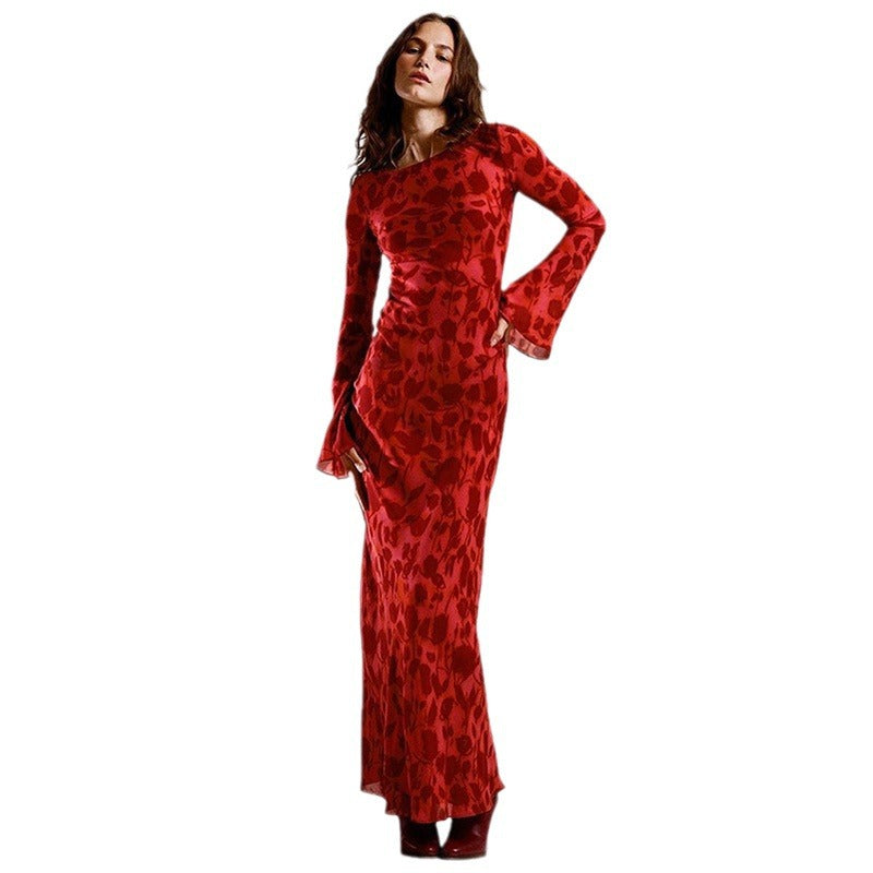 Long-sleeved Long Dress Cross-border Leopard Print Women's Long Dresses