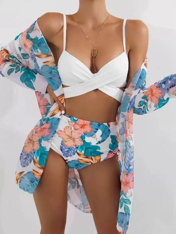 Sexy Floral Print Summer 3pcs Bikini Swimsuits for Women