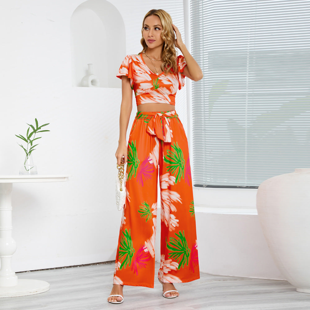 Summer Midriff Baring Tops and Long Pants Two Pieces Sets