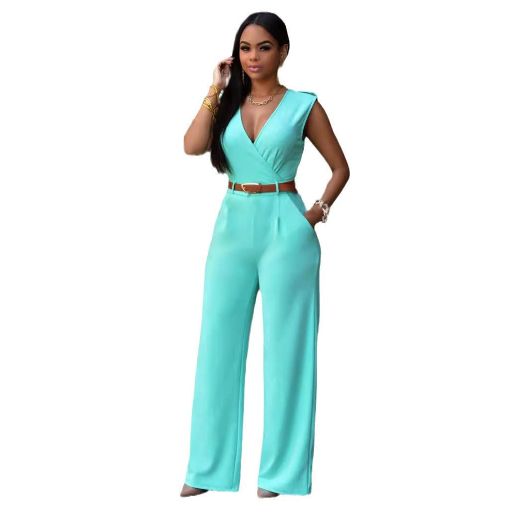 Fashion V Neck High Waist Irregular Wide Legs Jumpsuits