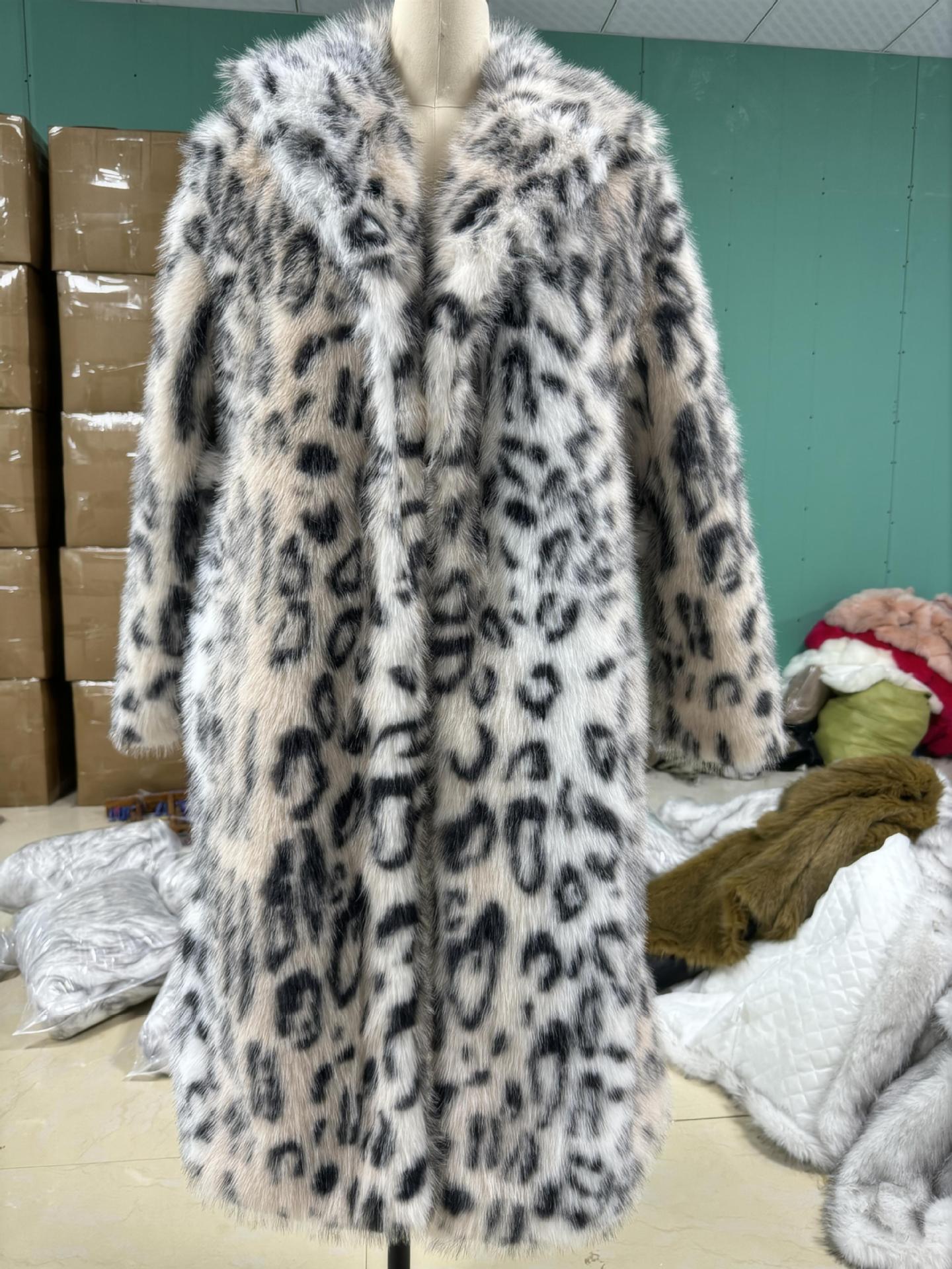 Designed Leopard Faux Fox Fur Overcoats for Women