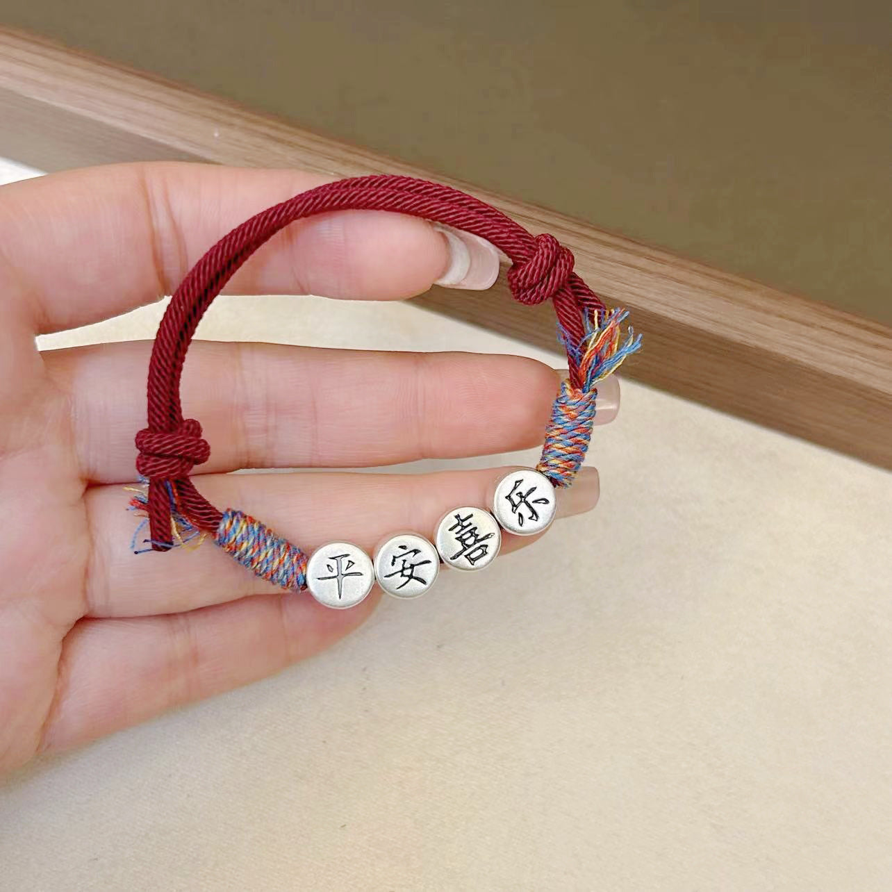 999 Silver Double-sided Peace and Joy Women's Woven Red Rope Bracelets