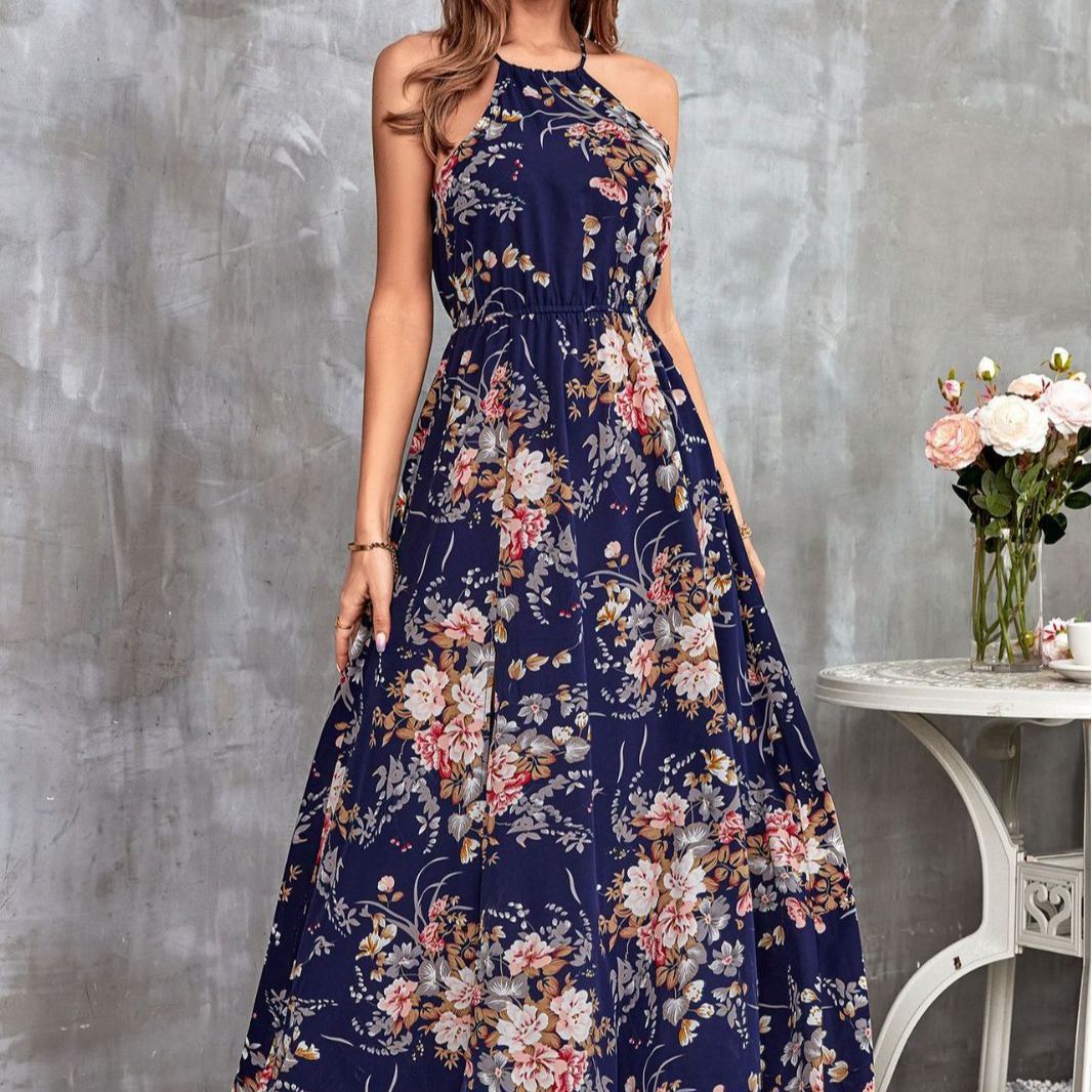 Summer Halter Floral Print Long Maxi Dresses