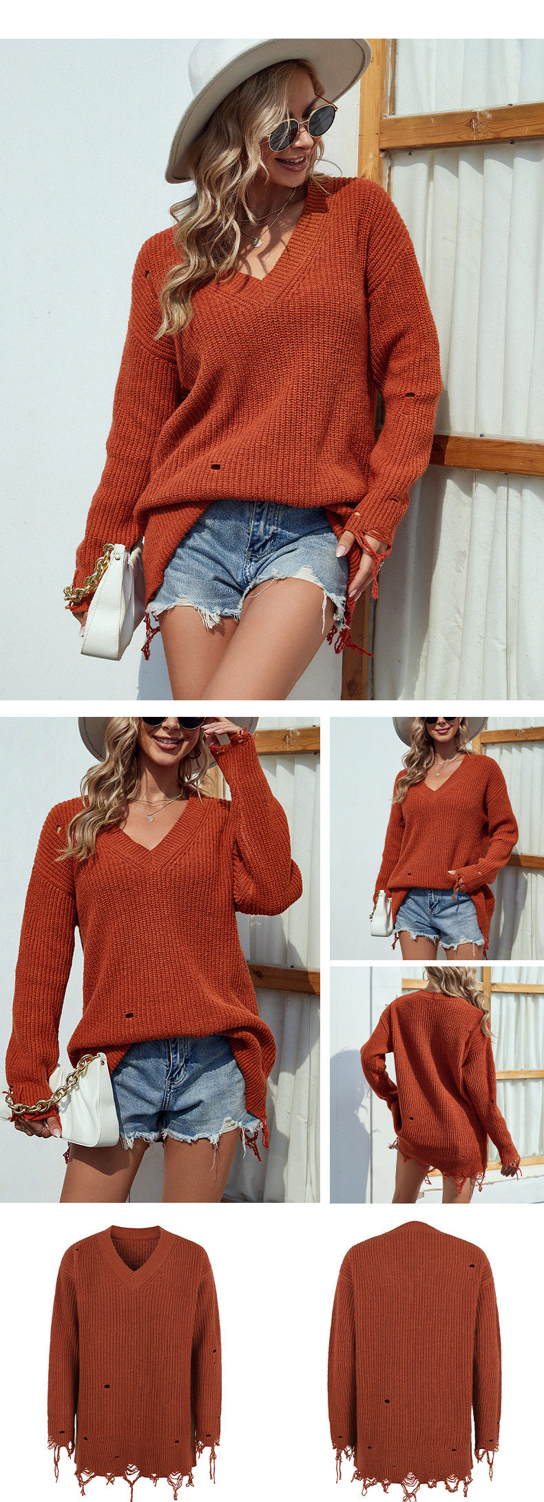 Casual V Neck Long Sleeves Knitted Fall Sweaters