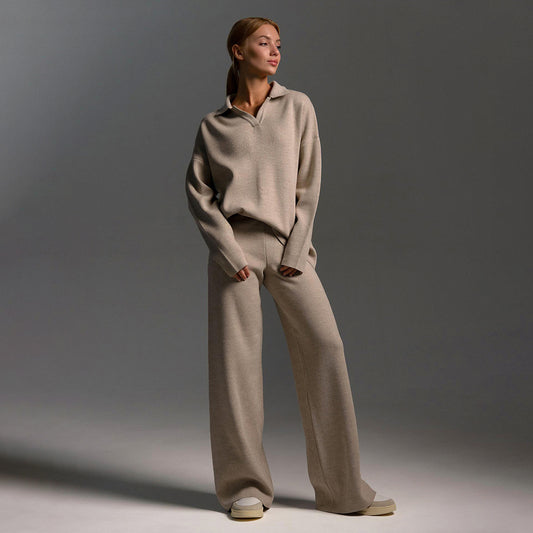 Fashion Winter Polo Neck Knitted Tops & Wide Legs Pants