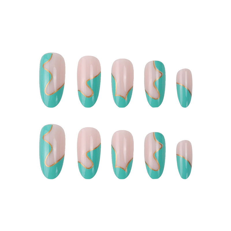 Fashion Mint Green Golden Wavy Line False Nails