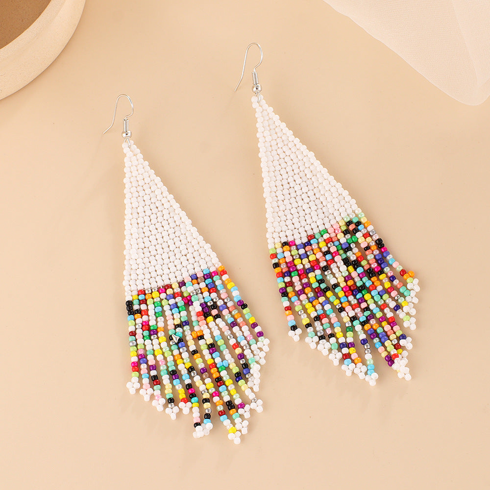 Ethnic Colored Rice Bead Earrings Femininity Bohemian Hand-woven Long Fringed Earrings