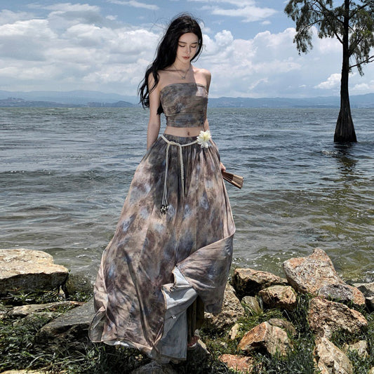 Luxury Vintage Summer Strapless Tops and Long Skirts Suits