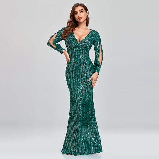 Sexy V Neck Sequined Mermaid Evening Dresses