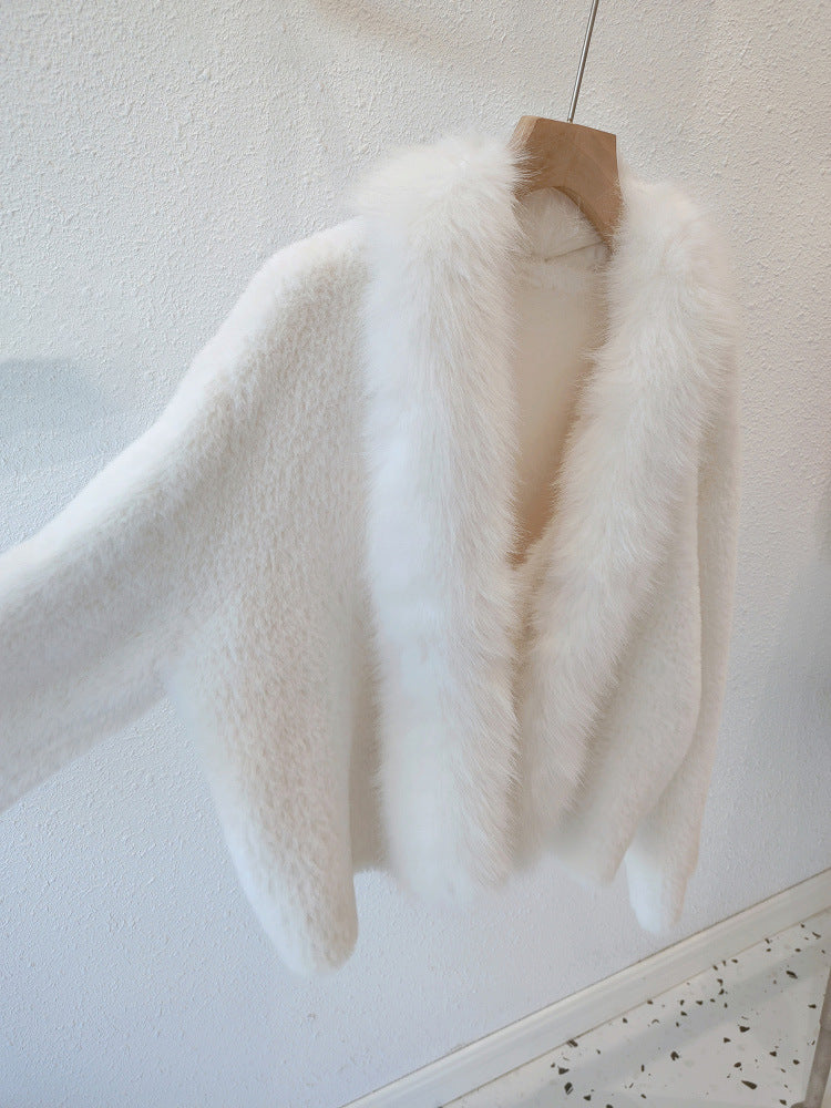 White Fox Fur Neck Short Knitted Jackets for Women