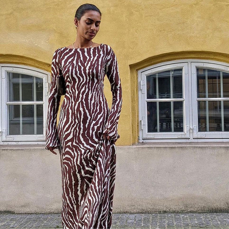 Long-sleeved Long Dress Cross-border Leopard Print Women's Long Dresses