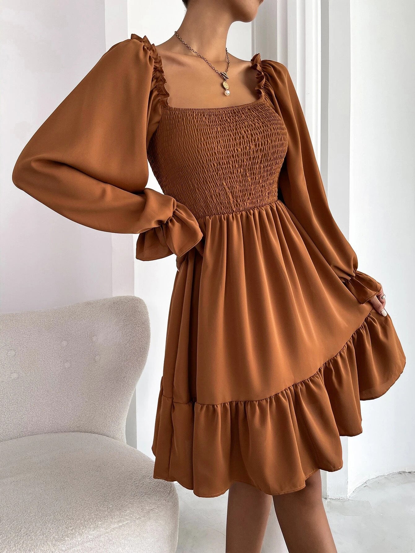 Elegant Square Neckline Long Sleeves Short Dresses