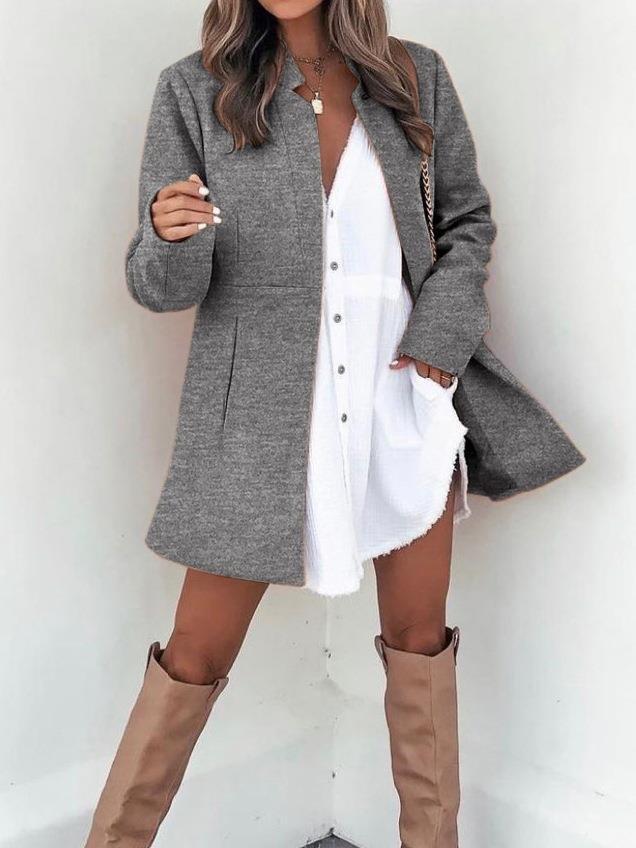 Fashion Long Sleeves Wool Overcoat with Pockets