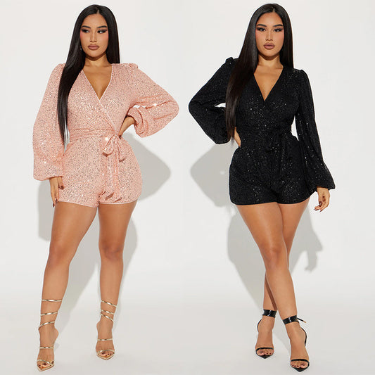 Sexy V Neck Sequined Long Sleeves Short Jumpsuit