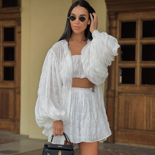 Casual Summer Long Sleeves Shirts with Strapless Tops and Shorts 3pcs Sets