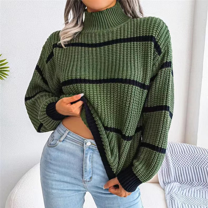Fashion Striped High Neck Knitted Pullover Sweaters