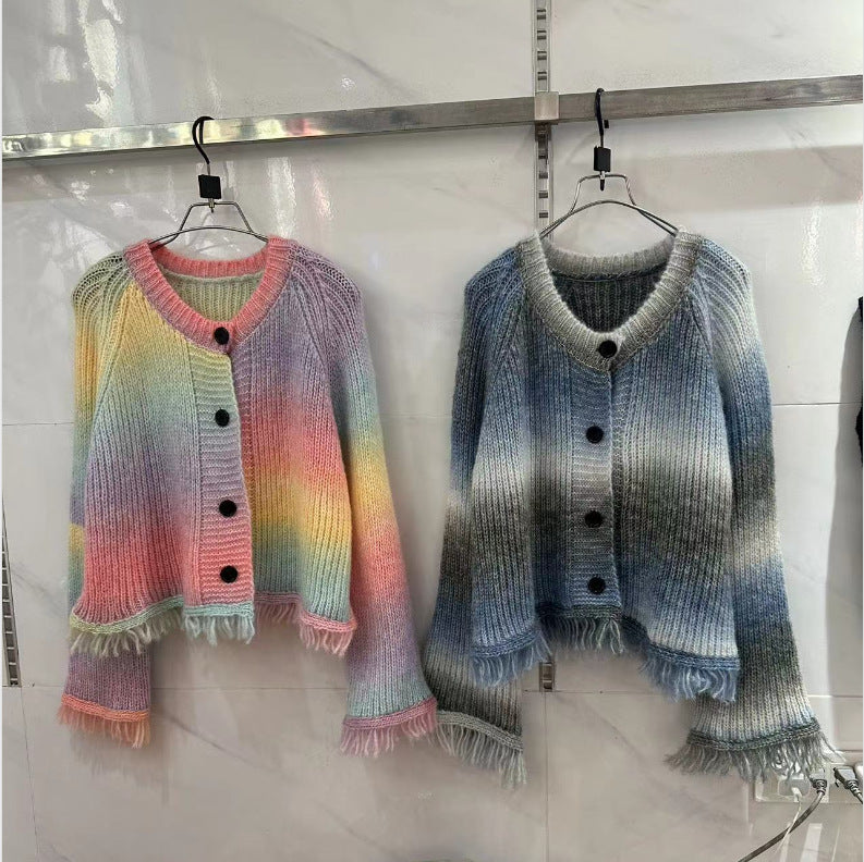 Designed Gradient Color Tassels Long Sleeves Sweaters