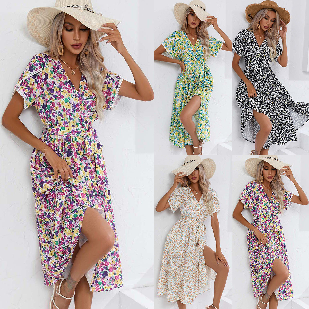 Leisure Summer V Neck Women Midi Dresses