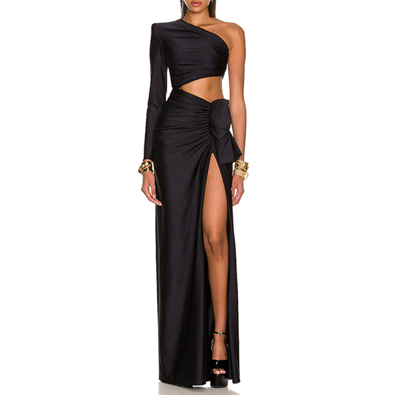 Sexy One Shoulder Waist Baring Black Evening Party Dresses