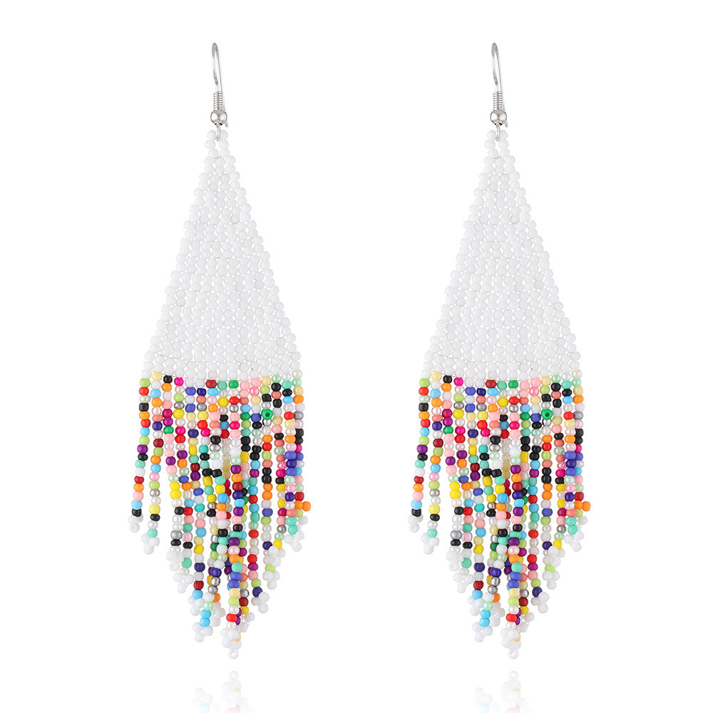 Ethnic Colored Rice Bead Earrings Femininity Bohemian Hand-woven Long Fringed Earrings