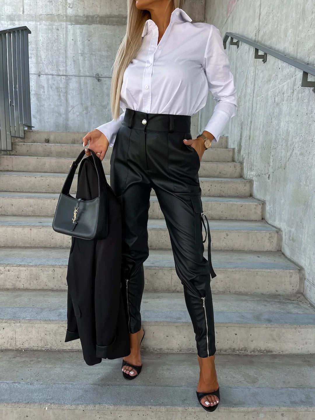 Fashion Pu Leather Slim Waist Women Pants with Pocket