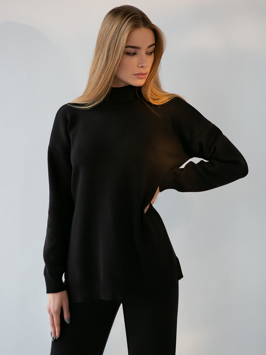 Casual Women High Neck Sweaters and Pants Two Pieces Sets