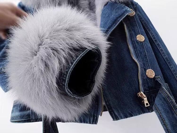 Winter Detachable Fox Fur Denim Jacket Coats for Women