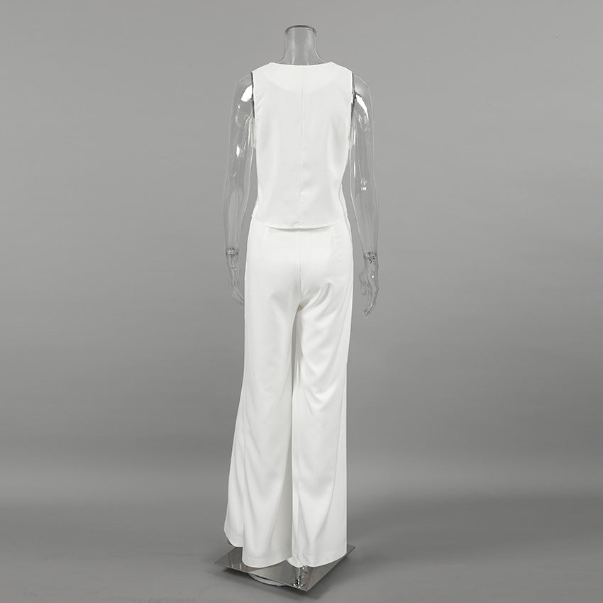 Summer White Sleeveless Vest & Long Pants Two Pieces Suits