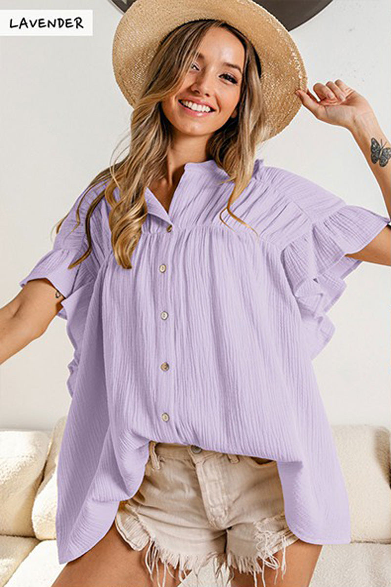 Fashion Stand Collar Ruffled Short Sleeves Shirts