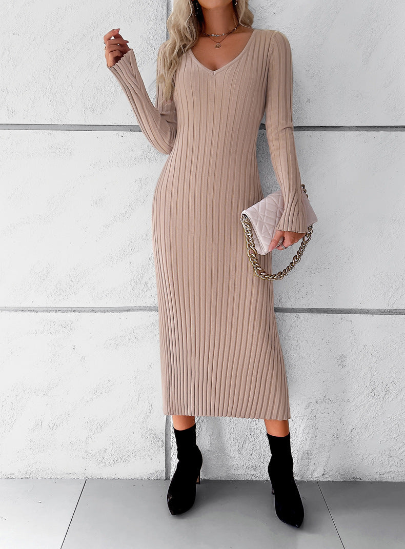 Elegant V Neck Long Sleeves Knitted Dresses