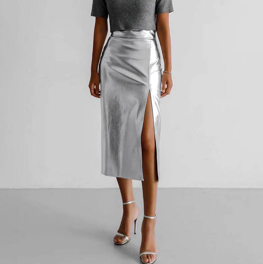 Designed Pu High Waist Sexy Silver Skirts