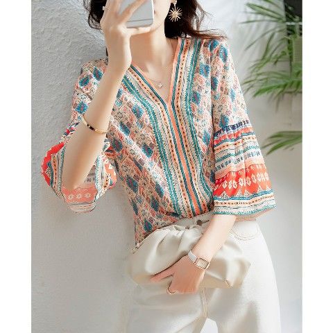 Summer Bohemian Chiffon 3/4 Length Women Blouses