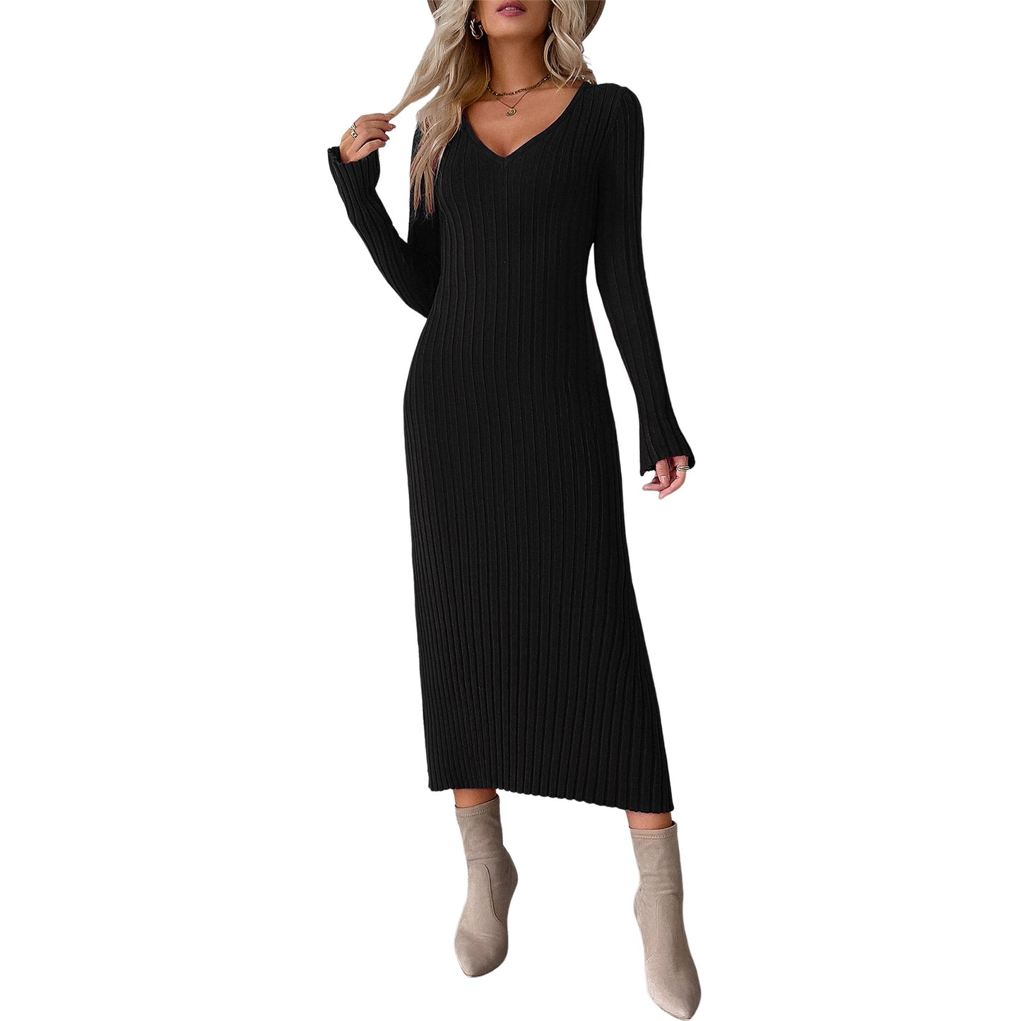 Elegant V Neck Long Sleeves Knitted Dresses