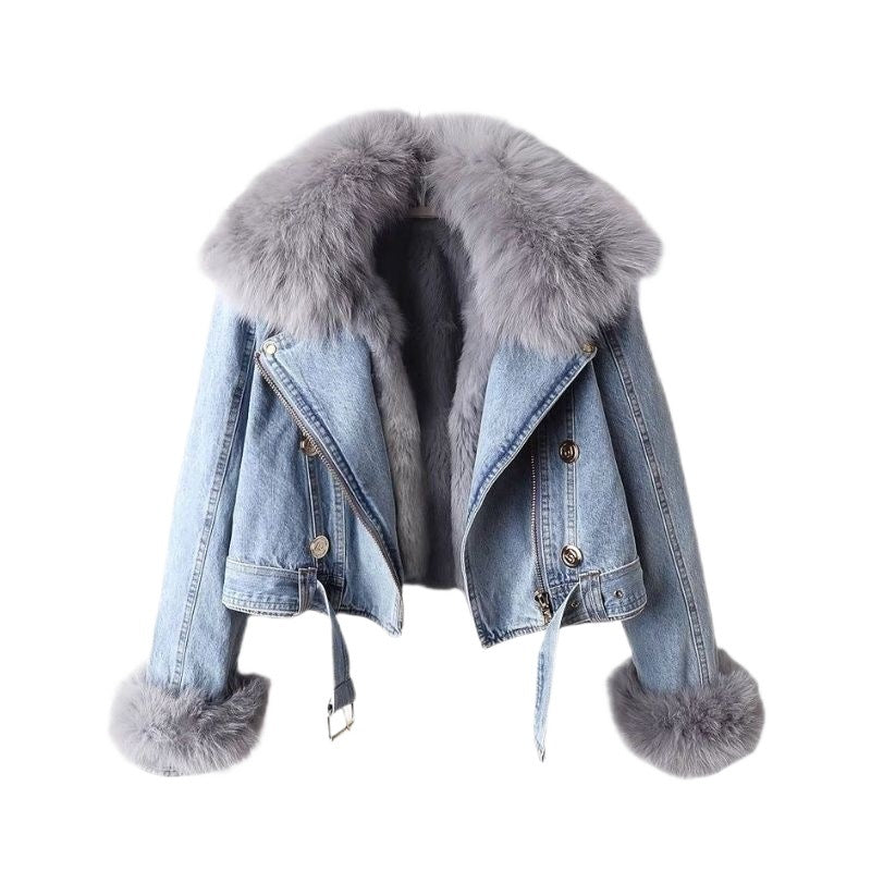 Winter Detachable Fox Fur Denim Jacket Coats for Women