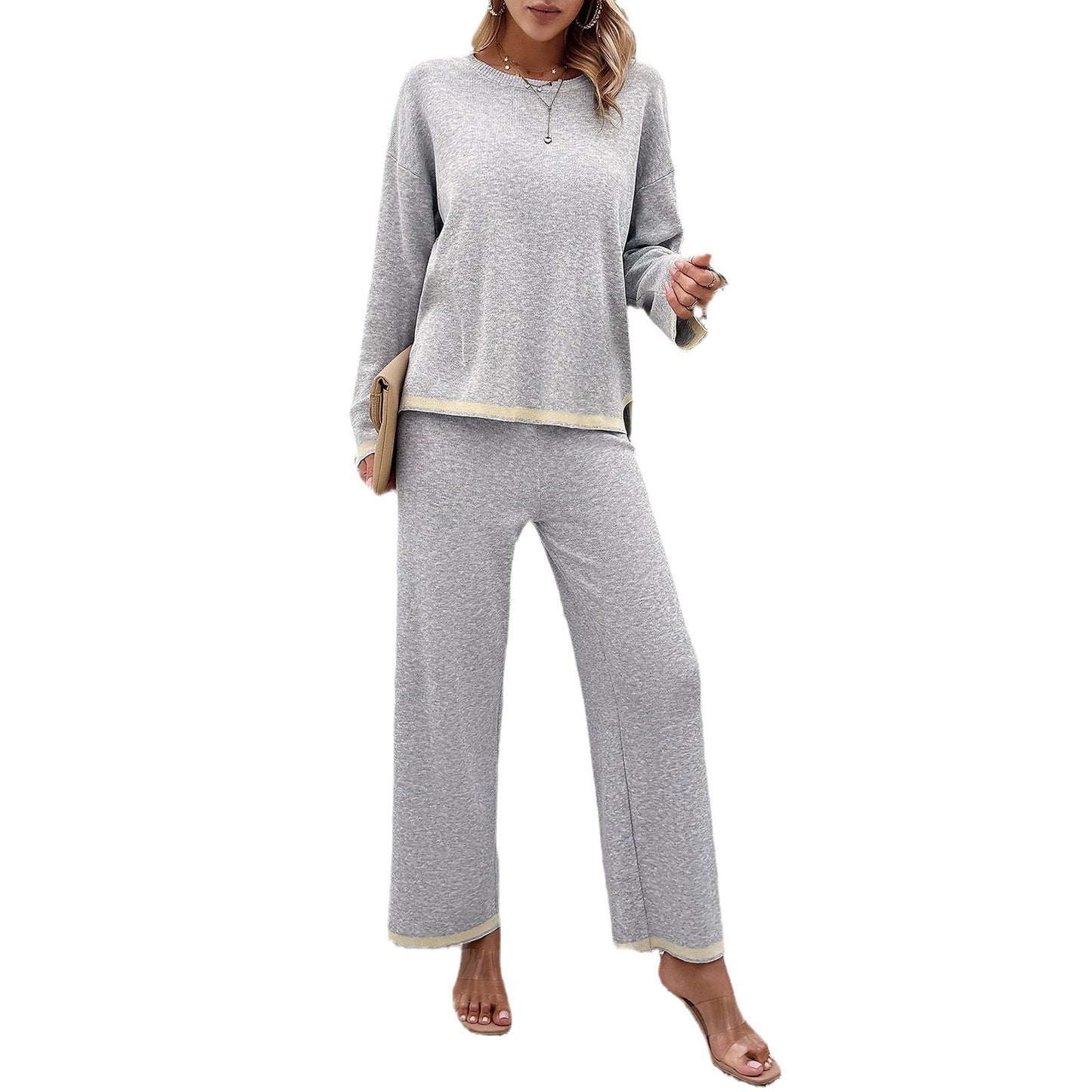 Leisure Solid Two Pieces Women Knitted Sets Tops and Pants