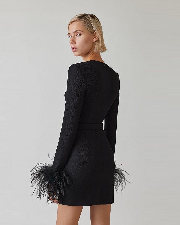 Sexy Square Neckline Feather Design Mini Dresses