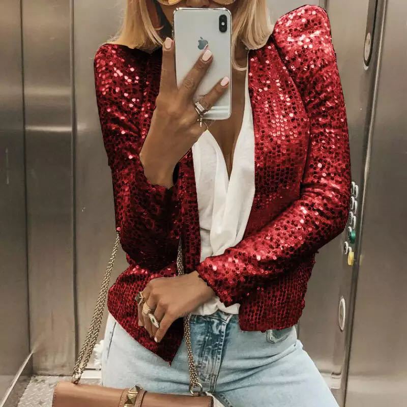 Fashion Stand Collar Sequined Short Coats for Women