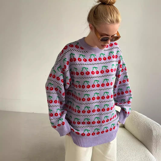 Purple Cherry Print Vintage Knitted Sweaters