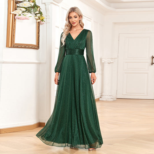 Green Chiffon V Neck Long Sleeves Party Dresses/bridesmaid Dresses