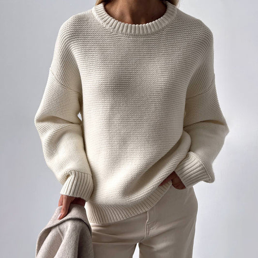 Casual Round Neck Knitted White Sweaters